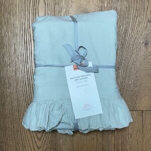 Anthropologie Organic Cotton Spa Sateen Ruffled Sheet Set / Queen, Green / NWT